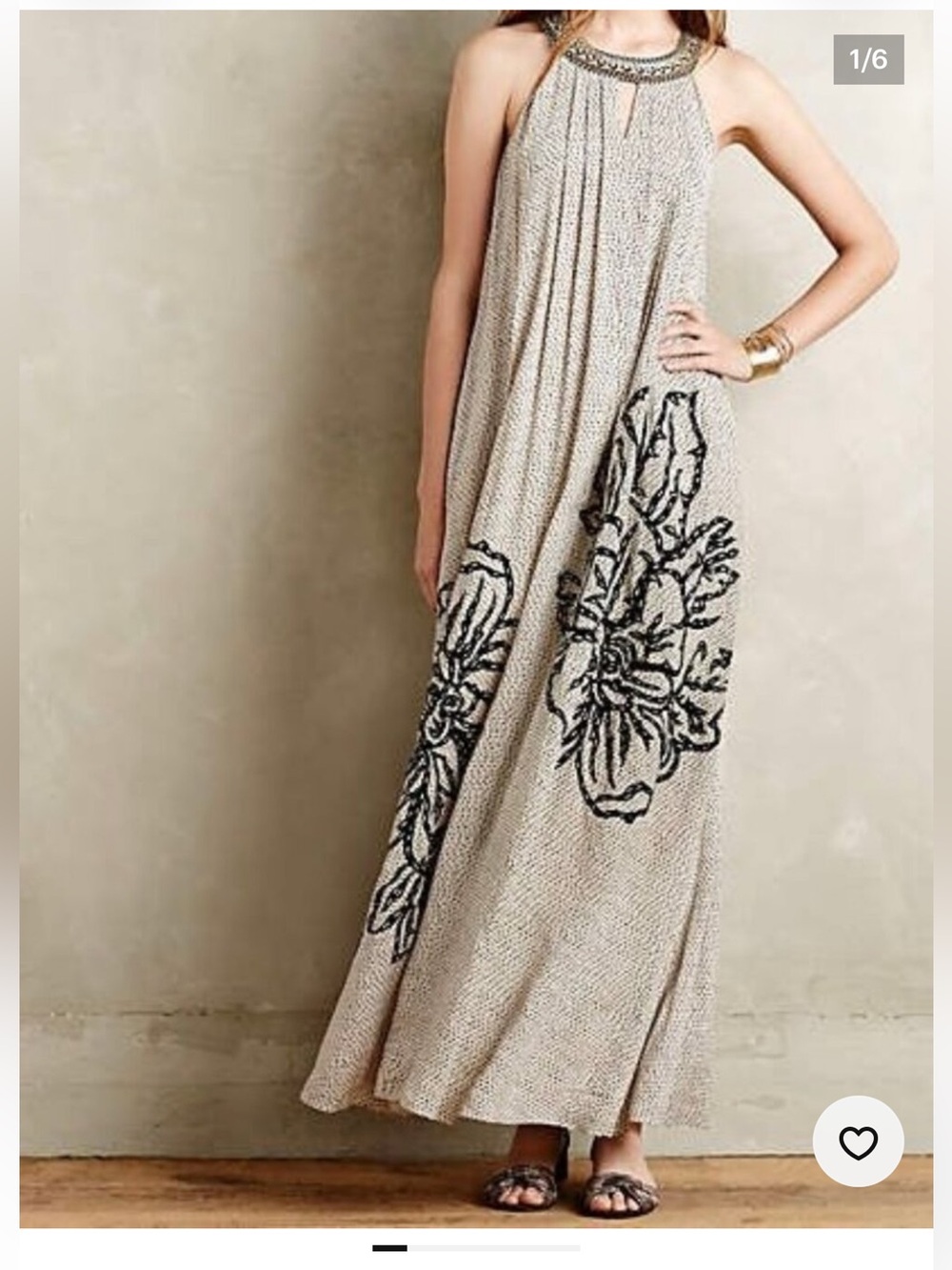 Anthropologie Ranna Gill Beige Maxi Dress with Black Floral Embroidery XSP
